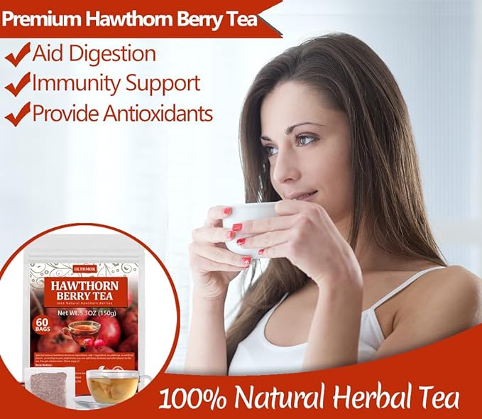 Premium 60 Hawthorn Berry Tea Bags, Made with 100% Natural Hawthorn Berries, Aid Digestion & Provide Antioxidants, No Additives & Caffeine Free. - Bloomnest