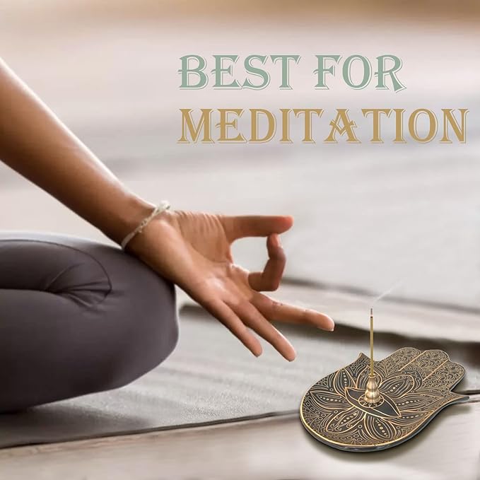 Ceramic Hamsa Hand Incense Holder - 2 in 1 Brass Incense Holder for Sticks and Coil Incense- Zen Decor with Hand of Fatima Design Protection from Evil - 6.2" L X 4.5" W (Black) - Bloomnest