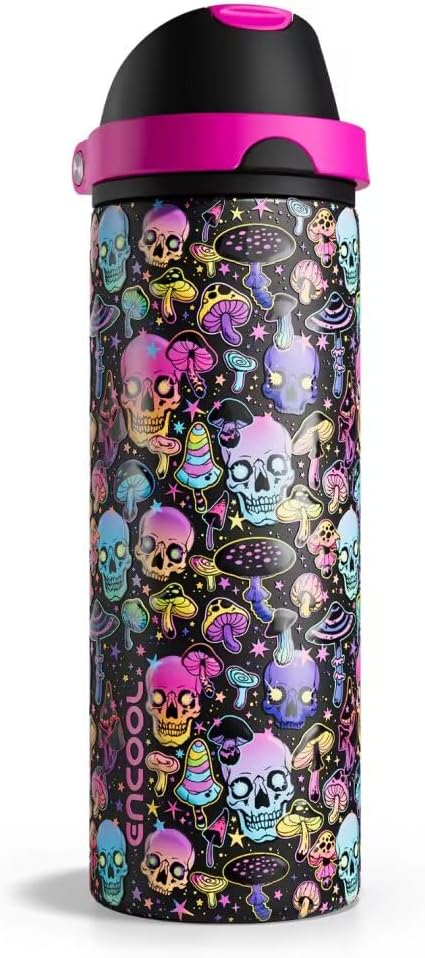 Insulated Water Bottle with Straw - Encool Stainless Steel Water Bottle with Push Button Lid, Leak-Proof & BPA-Free, Keeps Cold for 24 Hours for Sports, Travel, Gym (24 oz, Trippy Skulls) ENCOOL