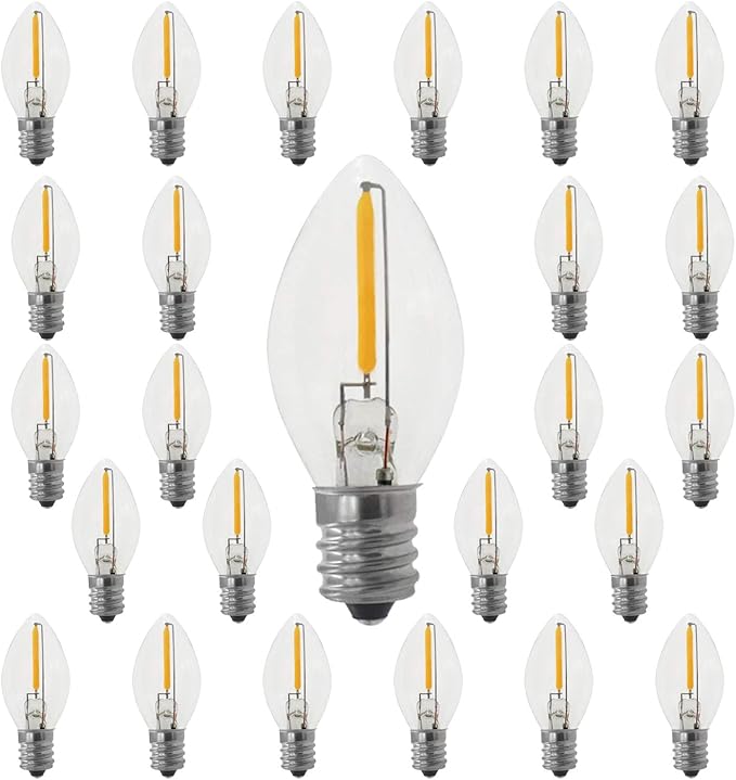 C7 E12 Replacement LED Light Bulbs 0.6W Equivalent to 7W, Warm White 2700K Outdoor and Indoor String Lights, Christmas Tree Salt Lamps, Vintage Window Candles Bulbs, Clear Glass 25PACK - Bloomnest