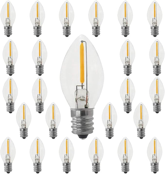 C7 E12 Replacement LED Light Bulbs 0.6W Equivalent to 7W, Warm White 2700K Outdoor and Indoor String Lights, Christmas Tree Salt Lamps, Vintage Window Candles Bulbs, Clear Glass 25PACK - Bloomnest