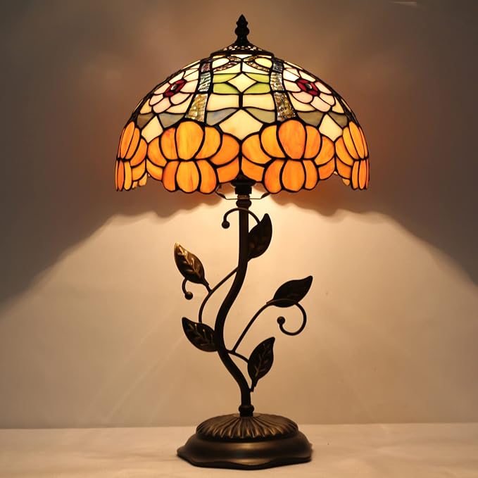 Tiffany Lamp Orange Flower Stained Glass Table Lamp Desk Bedside Reading Light 12X12X19 Inches with Metal Leaf Base Decor Bedroom Living Room - Bloomnest
