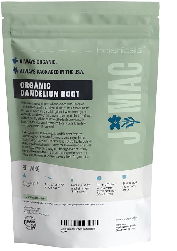 J Mac Botanicals Organic Dandelion Root (16 oz) unroasted, herb for tea and other infusions, Packaged in the USA, Certified USDA Organic - Bloomnest