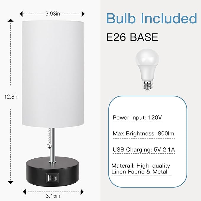 ROTTOGOON 3-Color Temperature Bedside Lamp Nightstand Lamp with USB A Port and C Port, Table Lamp for Bedroom with LED Bulb Small Lamps for Living Room (White) - Bloomnest