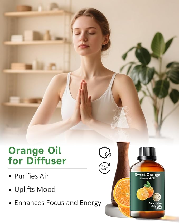 Orange Essential Oil Pure,Mumianhua Natural Sweet Orange Oil for Diffuser, Humidifier, Air Purifier, Skin,Home, Soap, Candle Making, Room Spray, Cleaning 3.38Fl Oz - Bloomnest