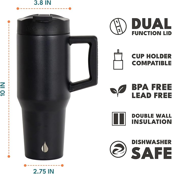 Elemental 32 oz 100% Leak Proof Tumbler with Handle & Straw - Stainless Steel Double Wall Insulated Tumbler for Hot and Cold Beverages - Travel Coffee Mug with Sip & Straw Lid - Black - Bloomnest