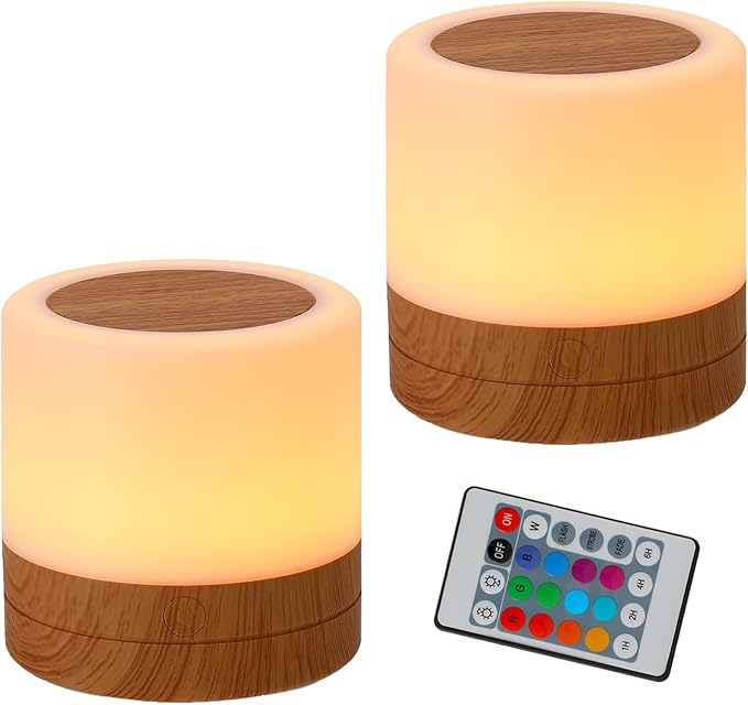 Nursery Night Light for Kids, USB Rechargeable Small Desk Lamp,13 RGB Colors & 4 Brightness & 1 Remote, Touch Bedside Cordless Table Lamp, Portable Night Lamp for Bedroom Living Room (2 Pack Brown) - Bloomnest