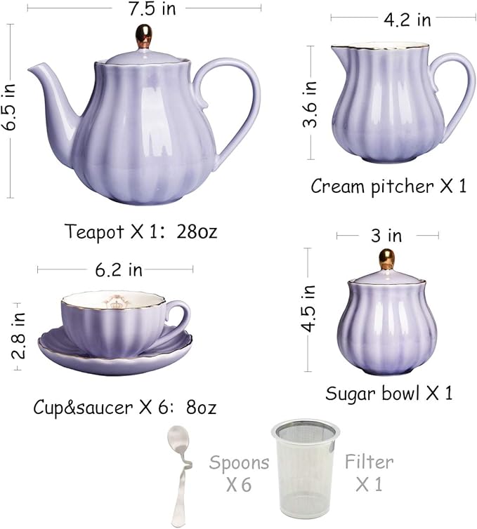 Porcelain Tea Sets British Royal Series, 8 OZ Cups& Saucer Service for 6, with Teapot Sugar Bowl Cream Pitcher Teaspoons and tea strainer for Tea/Coffee, Pukka Home(purple) - Bloomnest