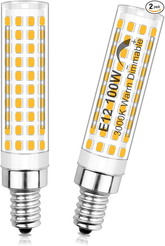 E12 100W 120V Dimmable Replacement LED Bulbs C7, Warm White 3000K 1200LM, T6 E12 12W LED Chandelier Light Bulbs 94 Chips for Ceiling Fan, Salt Lamp Pendant Lighting, Pack of 2 - Bloomnest