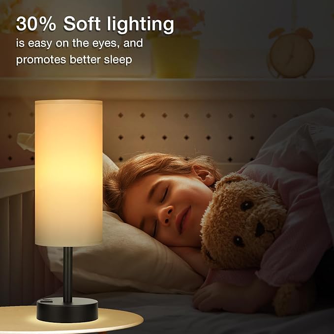 Bedside Touch Table Lamps for Bedroom Nightstand with USB-C USB-A Charging Ports White, 3 Way Dimmable Small Lamp Fabric Shade Black Base for Office, Living Room, Dorm Room Reading - Bloomnest