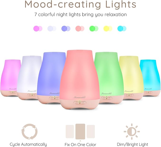 Homeweeks Diffusers, 100ml Colorful Essential Oil Diffuser with Adjustable Mist Mode,Auto Off Aroma for Bedroom/Office/Trip (100 ML 1 Pack) - Bloomnest