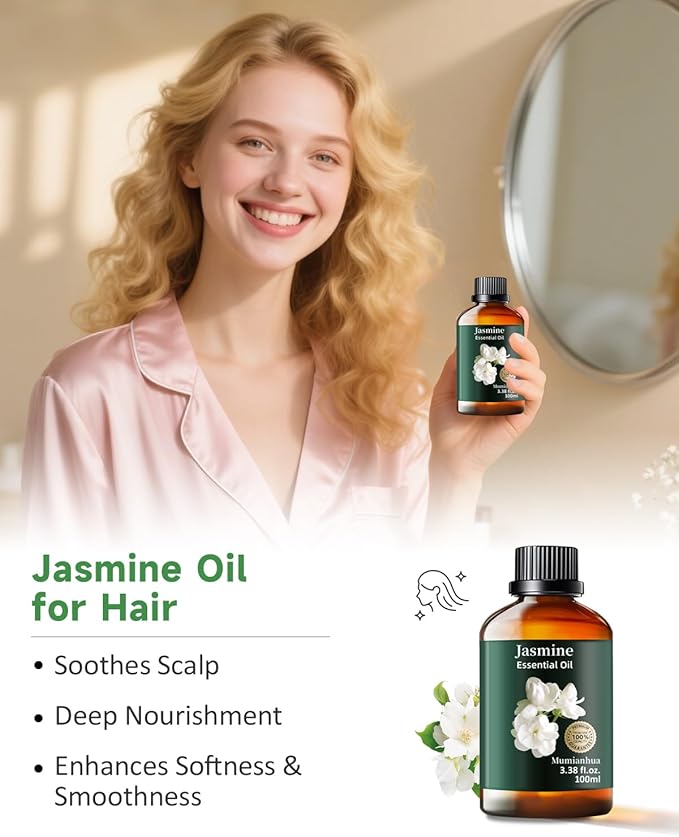 Pure Jasmine Essential Oil,Mumianhua Natural Jasmine Oil for Diffuser, Evening Atmosphere, Floral Bliss, Diffusion, Aromatherapy, Cleaning, Skin, Hair, Massages,Perfume, Candle Making 3.38 Fl Oz - Bloomnest