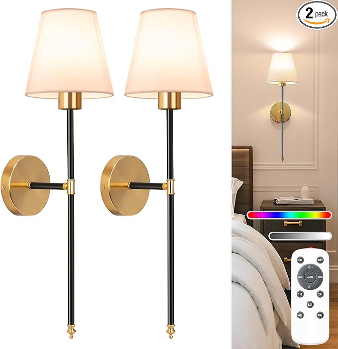 NIORSUN Battery Operated Wall Sconce Set of 2,Black-Gold Rechargeable Wall Lights with 5200mAh Dimmable Bulbs and Remote,10 Colors Wireless Wall Lamps for Bedroom Living Room Hallway Decor - Bloomnest