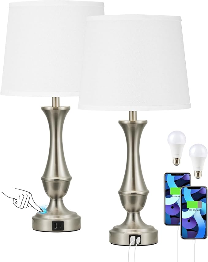 Seealle Upgraded Touch Lamps for Night Stands Set of 2 - Bedside Lamps with USB C+A, 3 Way Dimmable for Bedroom Living Room End Tables Office (White&Nickel) - Bloomnest