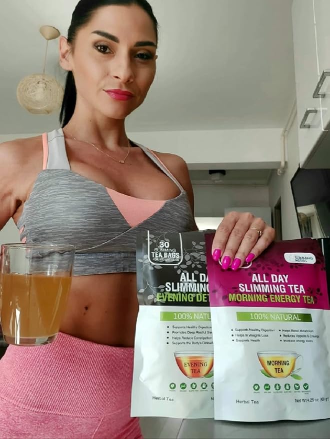ALL SLIMMING HERBS All Day Slimming Tea For Weight Loss - All Natural 30 Days Detox Teas That Flattens Tummy - Daytime Energy Boost Tea 30 Bags + Evening Detox Tea 30 Bags - Bloomnest