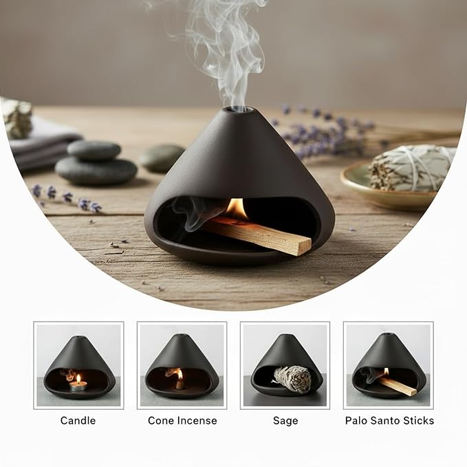 Palo Santo Holder Incense Burner, Sage Sticks Holder, Zongzi Clay Smudge Bowl with Chimney, Mini Cone Ceramic Fireplace for Cedar, Yoga, Sleep, Home Decor, Anxiety Relief Meditation for Women (Black) DIDIBIRD