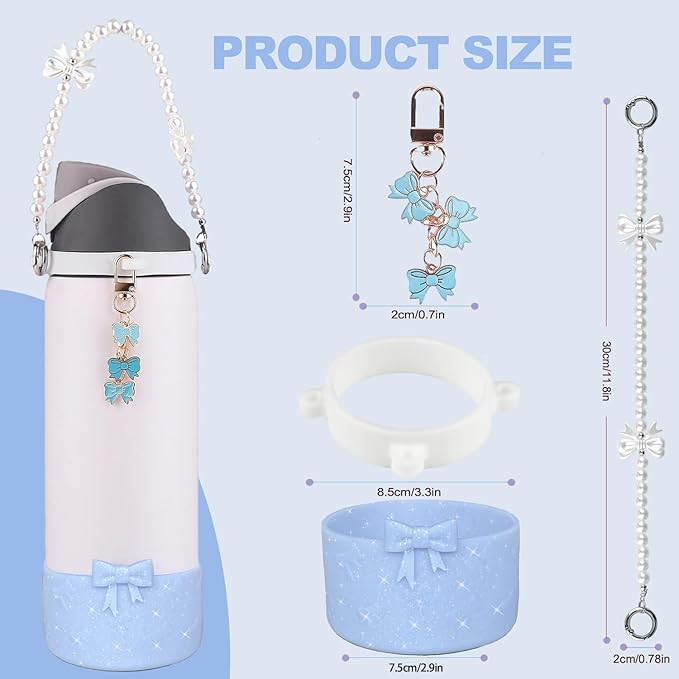 Water Bottle Accessories Set for Owala FreeSip 24oz、32 oz– Includes Pearl Handle Strap, Bow Charms,2.9in .3inch Silicone Bling Boot for Owala Accessories for Women Bloomnest