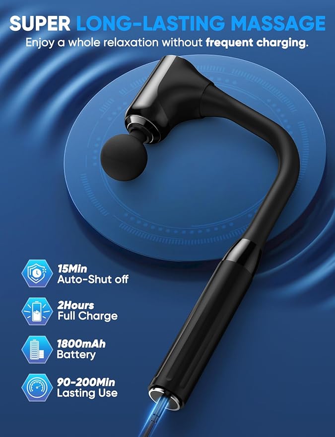 Massage Gun Deep Tissue - Back Massager for Pain Relief Deep Tissue with Extended Handle, 12MM Percussion Less-Shock Neck/Foot/Leg/Shoulder Massager, Infinitely Adjustable Speed & 4 Replaceable Heads - Bloomnest