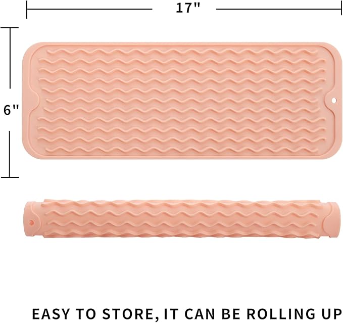 Silicone Dish Drying Mat for Multiple Usage,Easy clean,Eco-friendly,Heat-resistant Silicone Mat for Kitchen Counter,Sink,Bar,Bottle,or Cup Pink M 17 inches x 6 inches - Bloomnest