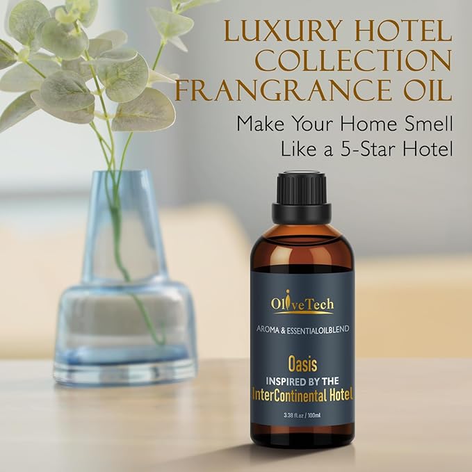 Hotel Diffuser Oil Inspired by Intercontinental Hotel Oasis Scent, OliveTech Aromatherapy Fragrance Oil for Cold Air & Ultrasonic Diffusers, 100ml / 3.38 ft oz Glass Bottle OliveTech