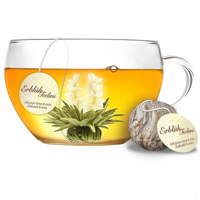 Creano Blooming Tea Tealini - Tea Flowers in Cup Size - Gift Set in Wooden Tea Box - 12 pcs in 8 Varieties - White Tea & Black Tea - Bloomnest