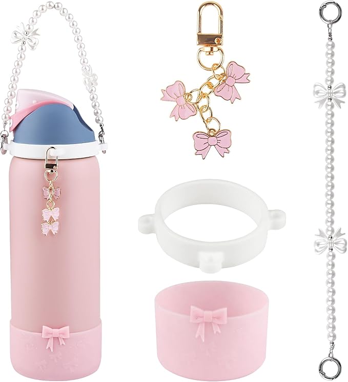 Water Bottle Accessories Set for Owala FreeSip 24oz、32 oz– Includes Pearl Handle Strap, Bow Charms,2.9in .3inch Silicone Bling Boot for Owala Accessories for Women Bloomnest