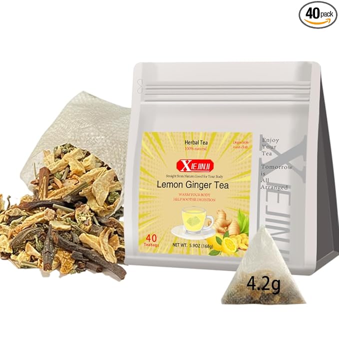 XIEJINJI Lemon Ginger Tea, 40 Tea Bags, 4.2g Each – Zesty & Warming Blend for Digestive Comfort, Immune Boost & Refreshing Energy - Bloomnest