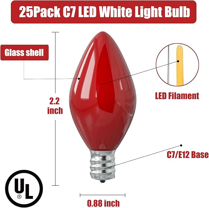 SUNSGNE 25 Pack C7 LED Red Replacement Christmas Light Bulbs, 0.6W LED Night Light Bulbs for Christmas Indoor Outdoor Patio String Lights, C7/E12 Candelabra Base - Bloomnest