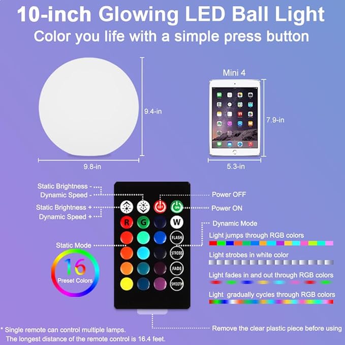 10-in Glowing LED Ball Light, Dimmable 16 RGB Color 4 Mode Glowing Orb Lights w/Remote, Rechargeable Light Up Ball Orb Lamp, Waterproof Outdoor Globe Lights Mood Lamp for Home Garden Party Path Decor - Bloomnest
