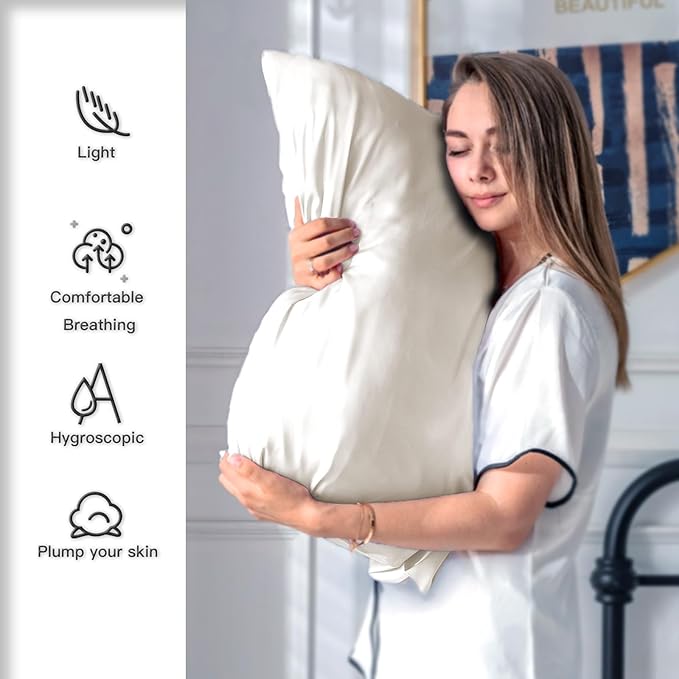 Silk Pillow Cases 2 Pack,Soft Breathable and Sliky Queen Size Pillow Cases Set of 2,Natural Mulberry Silk Pillowcase Set of 2 for Hair and Skin with Hidden Zipper (Beige,20"X 30",2pcs) - Bloomnest