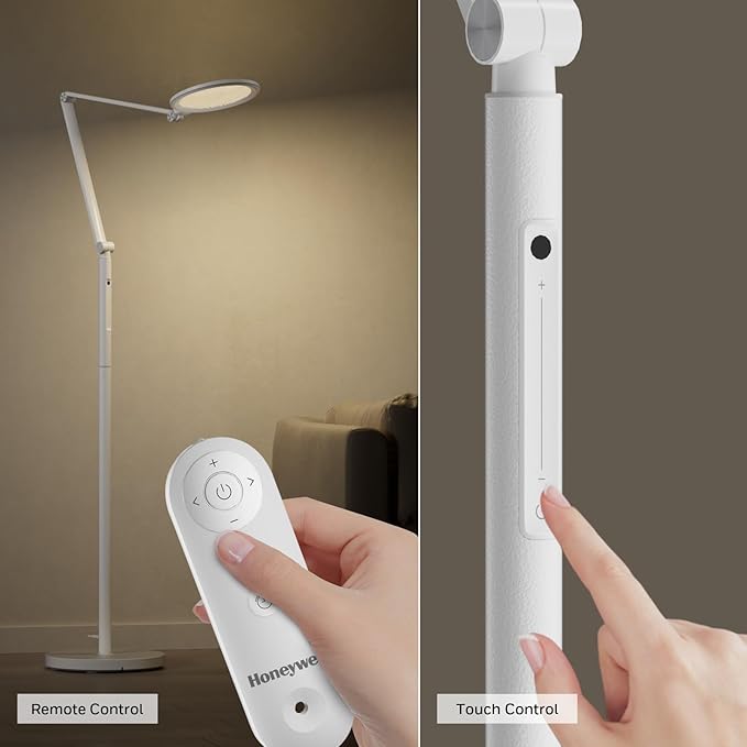 Honeywell LED Floor Lamp - F01WT Sunturalux™ Eye Caring Dimmable Standing Light with Remote,Bright Natural Daylight 5 Colors & 5 Brightness Adjustable Tall Lampara for Home Office Living Room Bedroom - Bloomnest