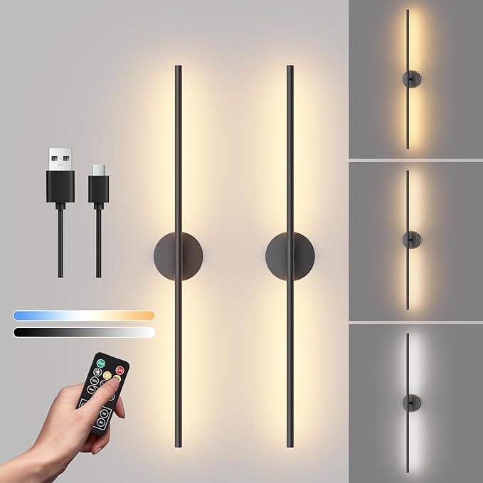 Tipace Battery Operated Wall Sconces Set of 2,360°Rotation Rechargeable Wall Lights:Dimmable Detachable Wall Lamp with Remote Control,3000K-6000K Infinite Dimming Wall Sconce 32.7 Inch - Bloomnest