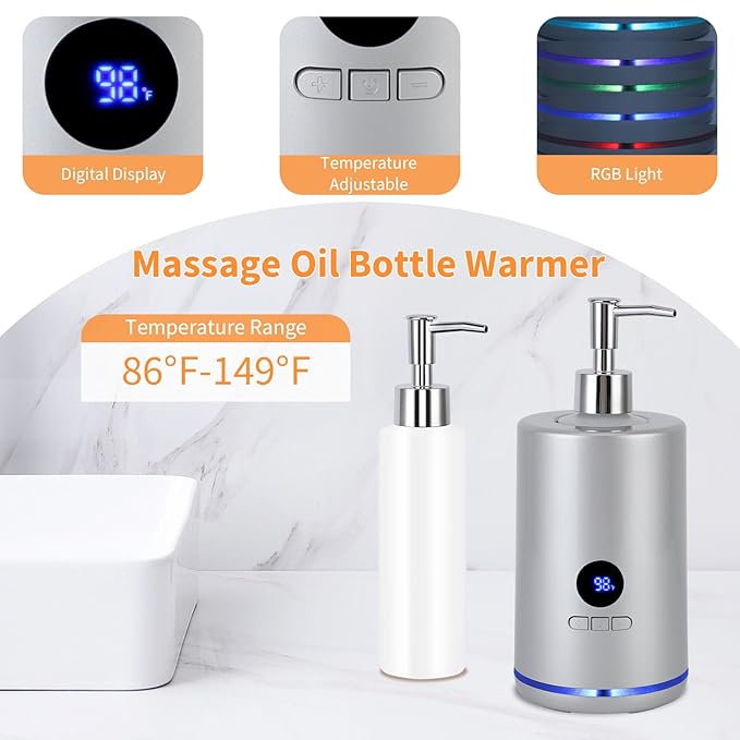 Massage Oil Warmer with 2 Bottles, Professional Electric Lotion Warmer Bottle, Digital Display, Rapid Heating, Automatic Massage Oil Heater for Salon Spa Massage (Silver) - Bloomnest