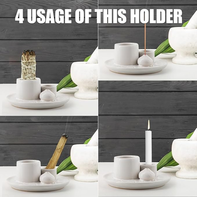 4 in 1 Ceramic Incense Holder, Palo Santo Stick Holder, Sage Holder for Burning, 5.2" Ash Catcher Tray for Meditation, Yoga & Home Decor (White)