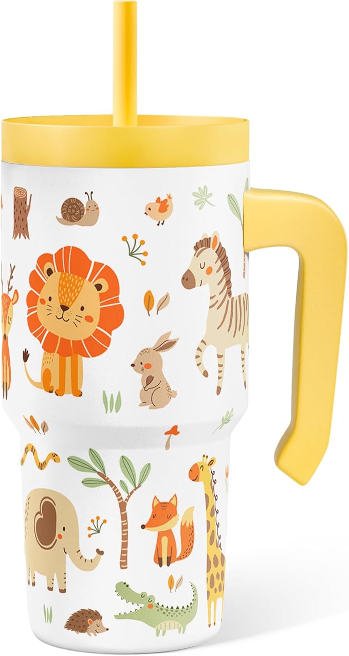 Jungle Animal Tumbler 20oz with Handle and Silicone Straw Lid for Kid, Insulated Stainless Steel Cup, Gift for Kids Boys, Gifts Idea for Birthday Christmas Back to School - Bloomnest