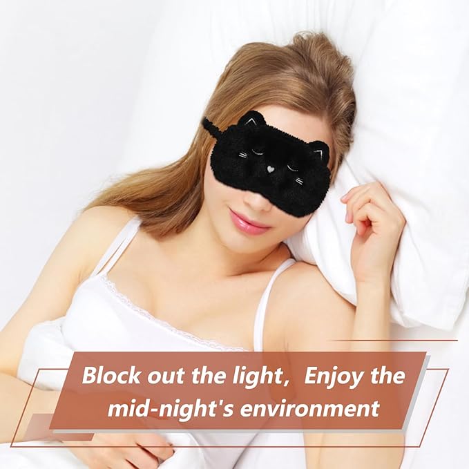 Cute Cat Sleeping Mask Eye Mask Funny Animal Kitten Sleep Mask Soft Plush Blindfold Travel Eye Cover Eyeshade for Kids Adults Girls Boys Women Men (Cat, Black) - Bloomnest
