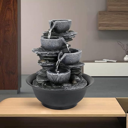 10.6” High Cascading Tabletop Fountain w/LED Light - 4-Tier Bowls Rock Water Fountains Indoor Small Relaxation Waterfall Feature for Home, Office and End Table Decoration (10.6" high, Gray) - Bloomnest
