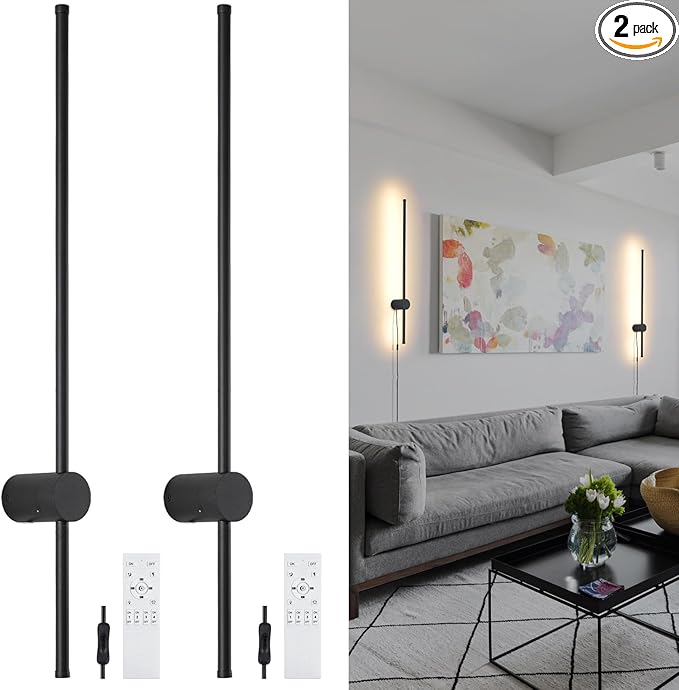 Dimmable Plug in Wall Sconce Set of 2,Black 31.5" LED Wall Light with Remote,Adjustable Color Temperature Brightness,Wall lamp with Timer for Living Room,Bedroom and Accent Lighting - Bloomnest
