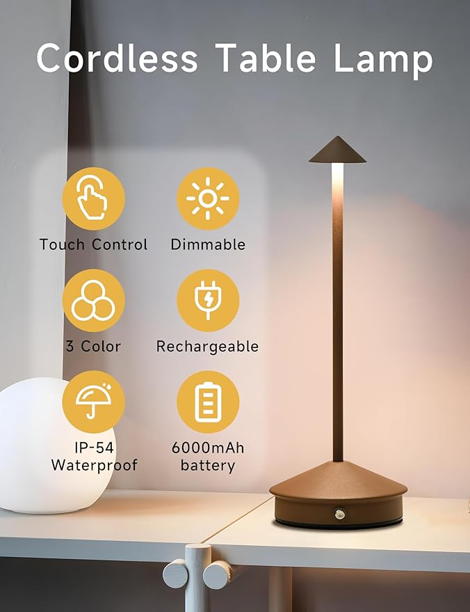Cordless Table Lamps,LED Rechargeable Desk Lamp,Portable Modern USB Battery Operated Lights,Outdoor Waterproof Touch Dimmable,for Patio,Restaurant,Bar,Camping,Dining Home Set of 2 Brown - Bloomnest