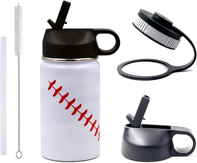 12 oz Baseball Water Bottle, Sports Flask Metal Travel Tumbler with 2 Lids, Stainless Steel Double Wall Vacuum Insulated Leak Proof Thermo Water Bottles, Baseball Accessories Gifts for Mom Boys Girls - Bloomnest