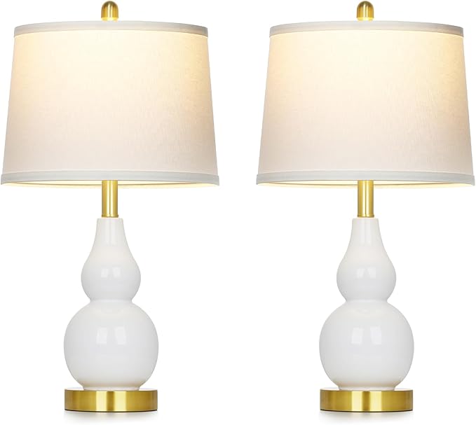 25" Ceramic Table Lamps Set of 2, Modern Double Gourd Ceramic Table Lamp for Living Room，White Rustic Farmhouse Bedside Nightstand Lamps with Fabric Shades for Bedroom Desk End Table Home Office Decor - Bloomnest