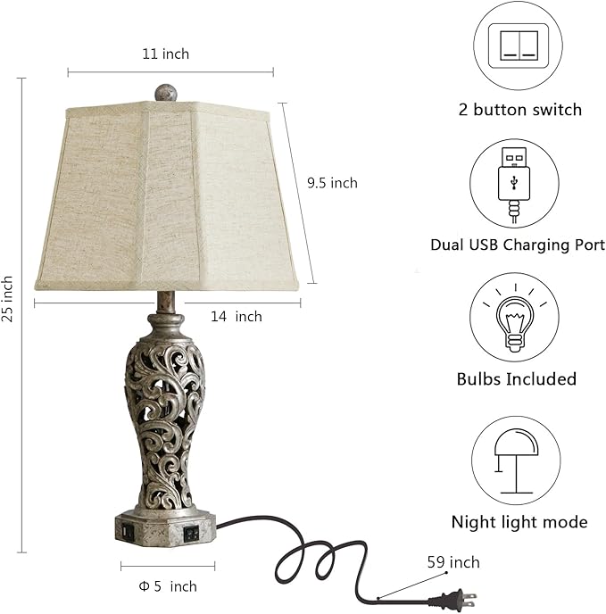 Vintage Table Lamps Set of 2 for Living Room Bedroom, 2 USB Ports 25'' Rustic Farmhouse Desk Lamp with Nightlight, Iron Gray Hollow Out Resin Lamp for End Table (Bulbs Included) - Bloomnest