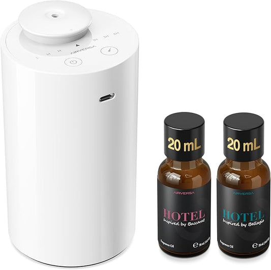 Airversa Waterless Essential Oil Diffuser Starter Kit with 2x20mL Hotel Fragrance Oils, Cordless Nebulizer for Car Home Office, Up to 600 sq ft, Mist/Timer Settings, Baterry Operated, AN6Kit-3, White - Bloomnest