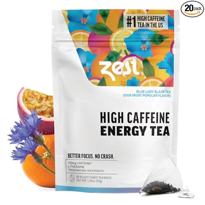 Zest Energy Tea Bags – Blue Lady Passion Fruit Black Tea – High Caffeine Tea for Morning Energy, Focus & Clarity – Natural Caffeinated Tea with 150mg Caffeine – 20Ct Pack – Non-GMO & Keto Friendly - Bloomnest
