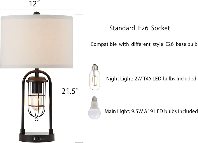 Kyrid 21'' Table Lamps Set of 2 with Night Light and USB Port Industrial Modern Nightstand Lamp Set (Bulbs Included) - Bloomnest