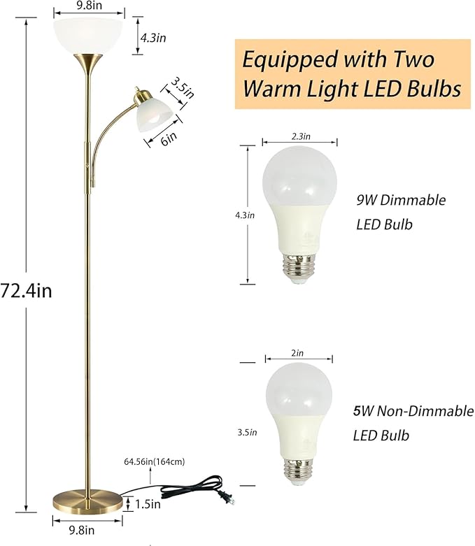 Floor Lamp, Dimmable Standing lamp, Stepless Dimming Brightness, Included 9W and 5W LED Bulbs, Industrial Floor Lamp for Living Room, Bedroom, Office, Reading - Bloomnest