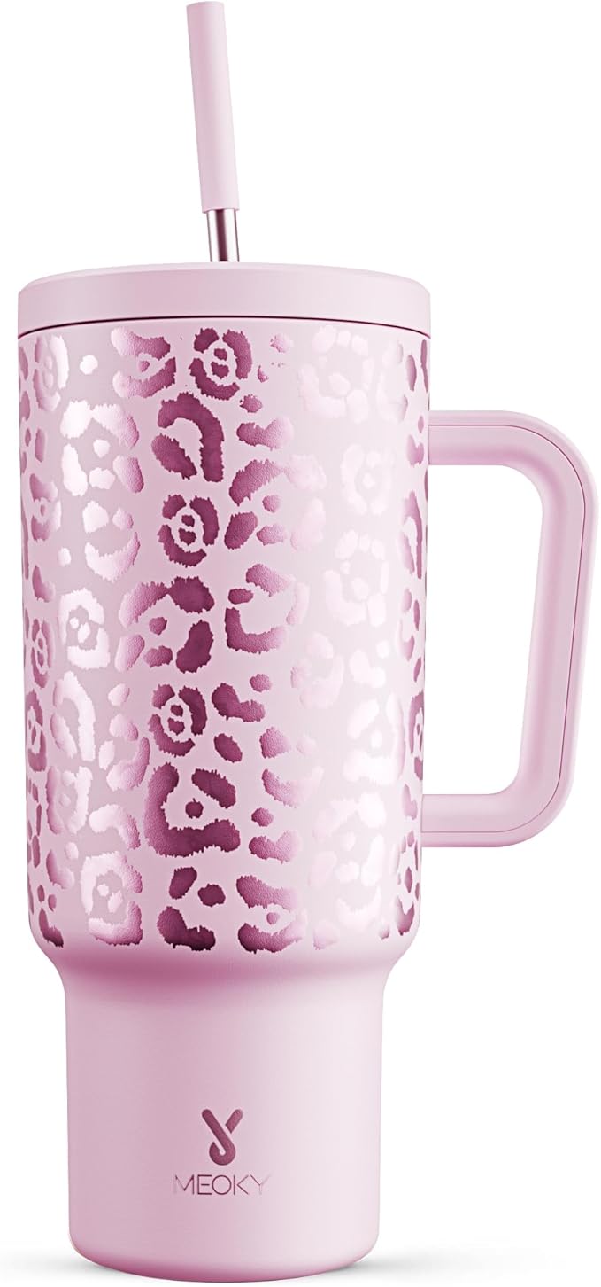 Meoky 40 oz Tumbler with Handle and Straw, Tumbler with Lid and Straw, Insulated Stainless Steel Travel Mug, 100% Leak-proof, Keeps Cold for 34 Hours or Hot for 10 Hours (Pink Leopard) - Bloomnest
