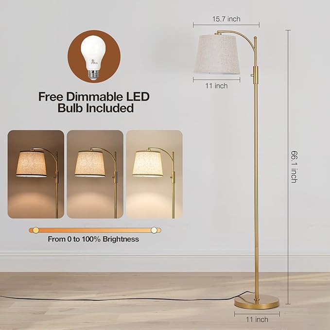 AIDENOEY Fully Dimmable Floor Lamp for Living Room，Standing Lamp Rotary Switch with Linen Beige Shade，Golden Tall Lamps for Bedroom with Adjust Head，9W LED Bulb Included - Bloomnest