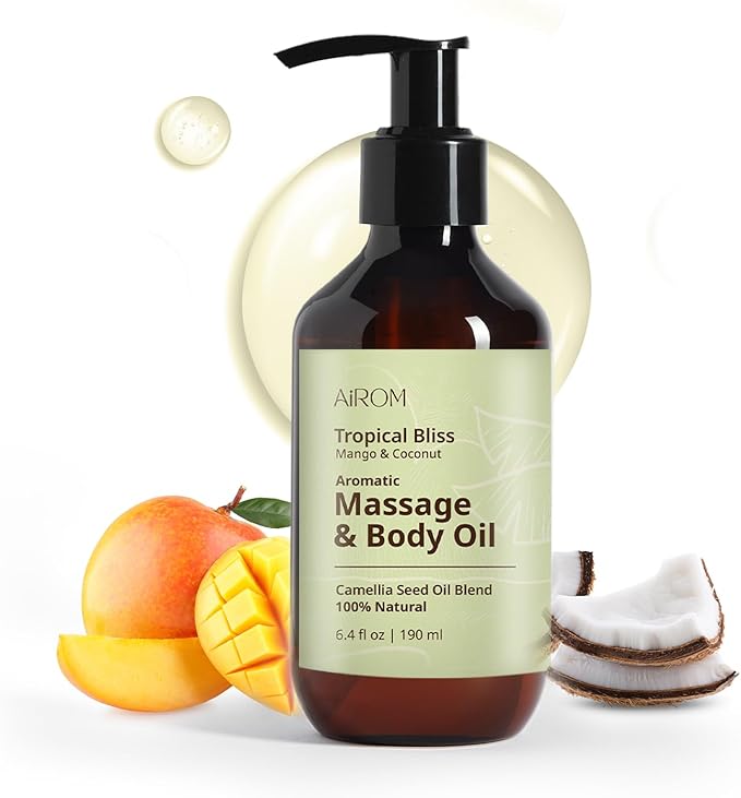 AiROM Mango & Coconut Massage Oil for Massage Therapy – Tropical Bliss - Scented Body Oil for Women – Hypoallergenic, Relaxing Aromatherapy, Non-Greasy, Nut-Free - 6.4 fl oz - Bloomnest