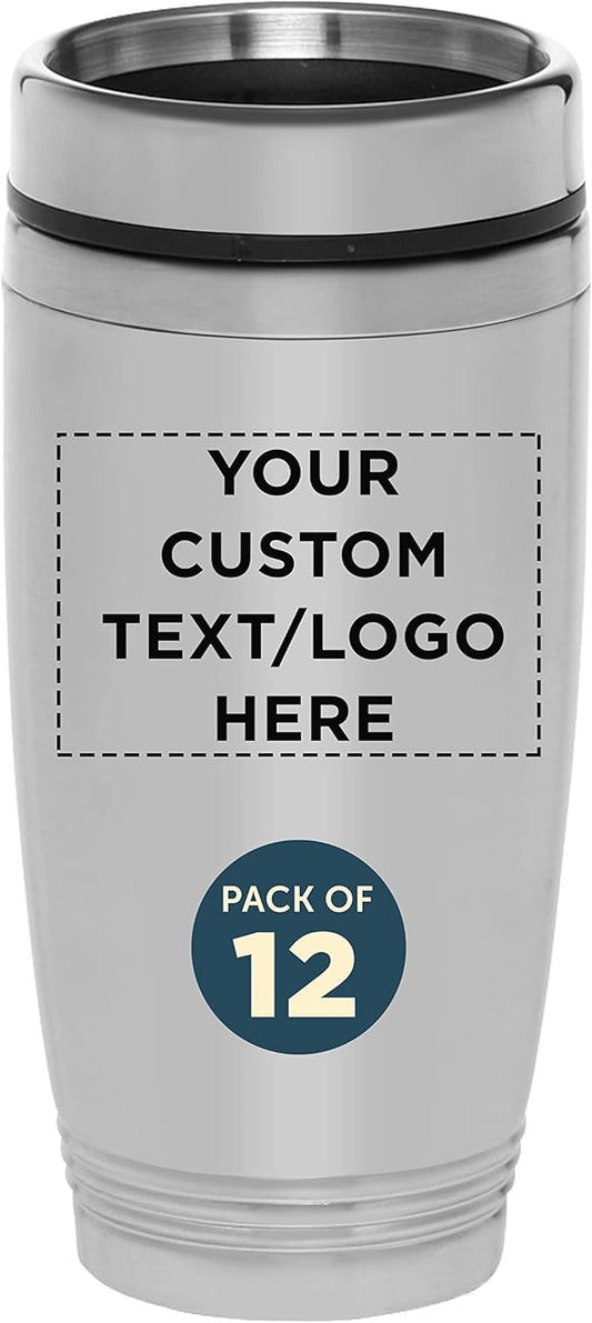 DISCOUNT PROMOS Custom Stainless Steel Tumblers 16 oz. Set of 12, Personalized Bulk Pack - Perfect for Coffee, Soda, Other Hot & Cold Beverages - Silver